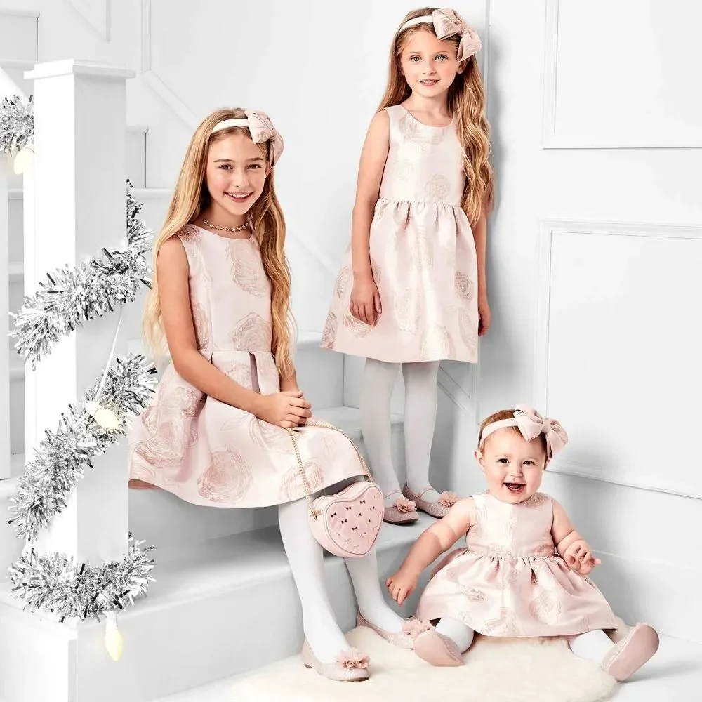 Girls Pink Rose Gold Brocade Jacquard Formal Flower Roses Dress Size 4t